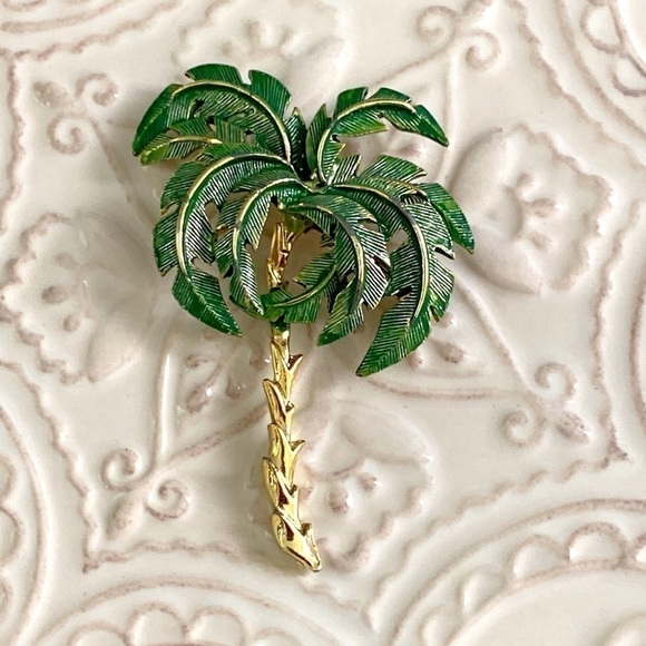 Palm Tree Green Gold Textured Brooch Ocean Caribbean Beach Vaca Cruise Holiday - Picture 2 of 16